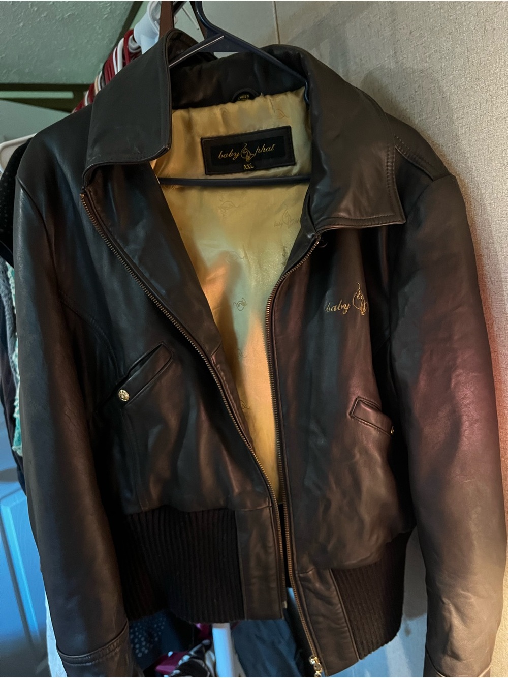 Baby Phat Black Leather Bomber Jacket with Gold Lining